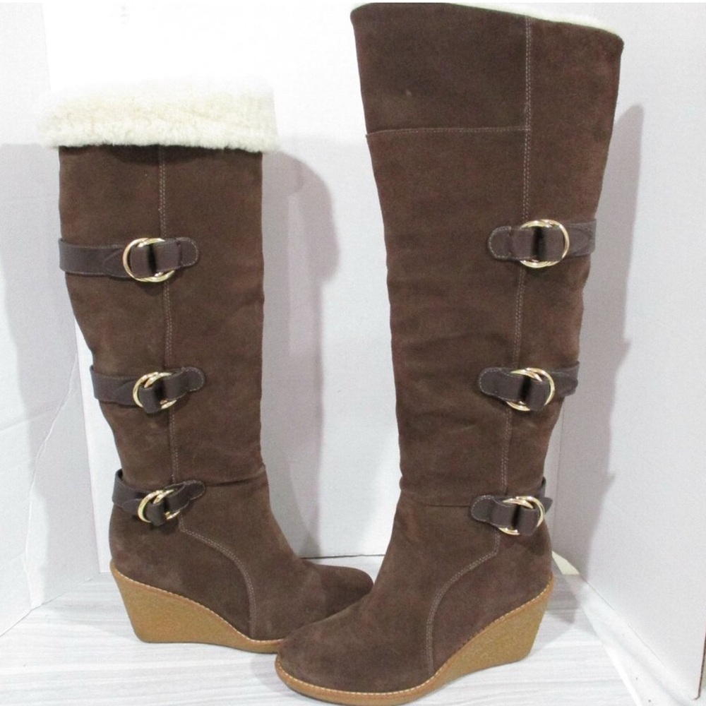 Brown Suede Knee-High Boots with gold Buckle Accents waterproof Sherpa shearling